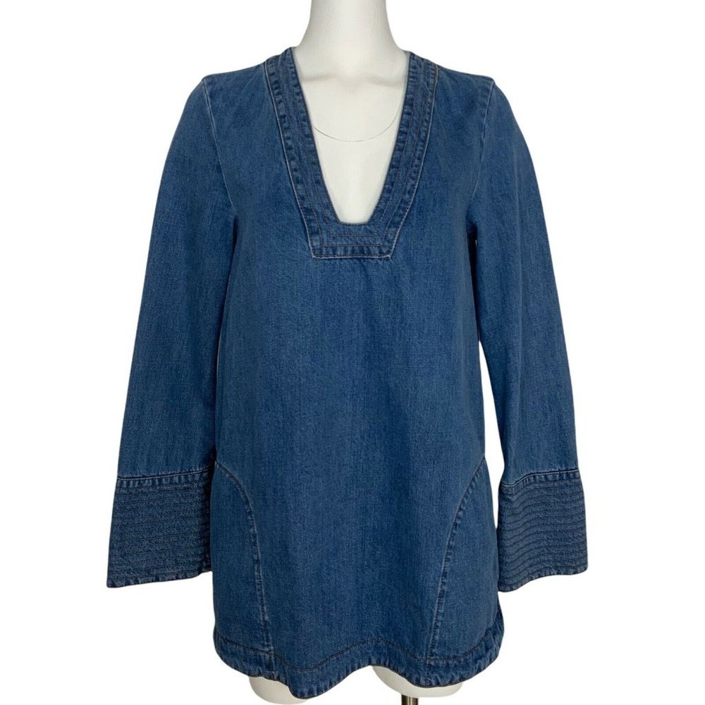 Free People Dreaming Of Denim Pullover Tunic S Hendrix Blue Flare Sleeve Pockets